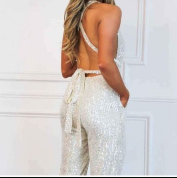 Bella and Bloom Champagne (White-Silver & Gold) Sequins Jumpsuit - Picture 4 of 6